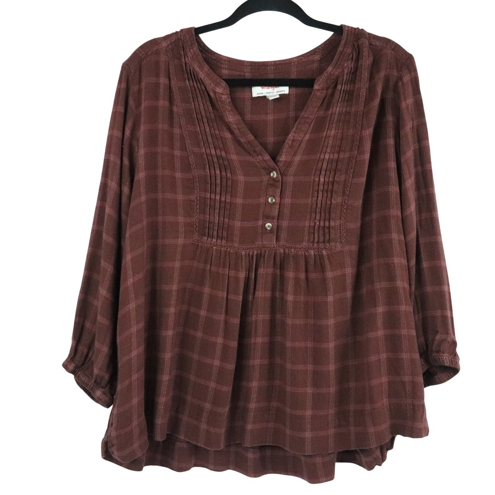 Wrangler Women's Button Front Plaid Pintucked Blouse Burgundy Size XL Fall